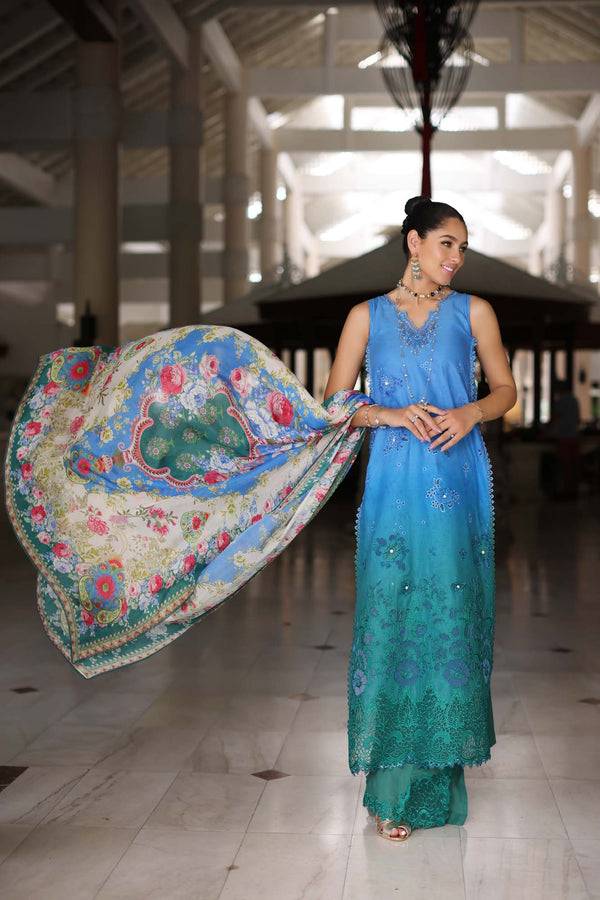 Noor by Saadia Asad | Luxury Chikankari Lawn24 | D5-B Blue Ombre - Pakistani Designer Dress - by Noor by Saadia Asad | Type: Luxury - 100% Original at Saira Sultan