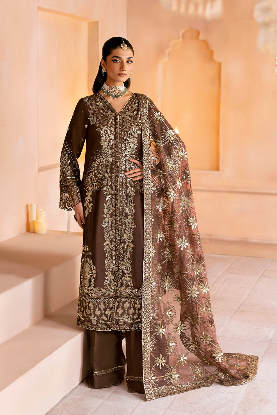 Ramsha | Shehnai Formals | SS-108 XS Chocolate Brown Raw Silk